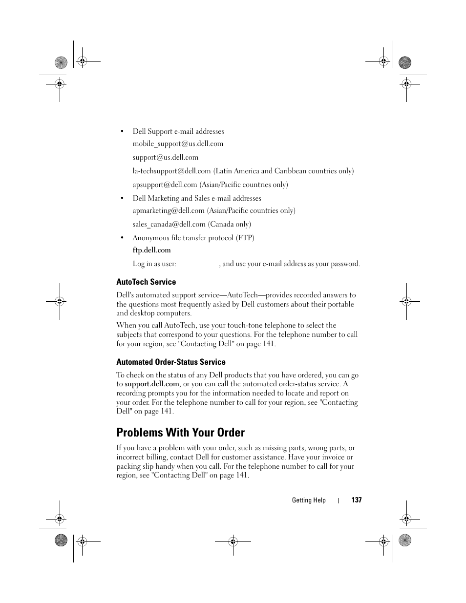 Autotech service, Automated order-status service, Problems with your order | Dell XPS 630i (Early 2008) User Manual | Page 137 / 168