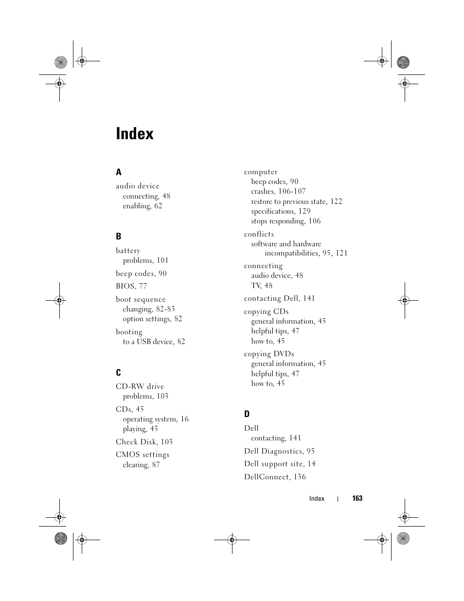 Index | Dell XPS 630i (Early 2008) User Manual | Page 163 / 168