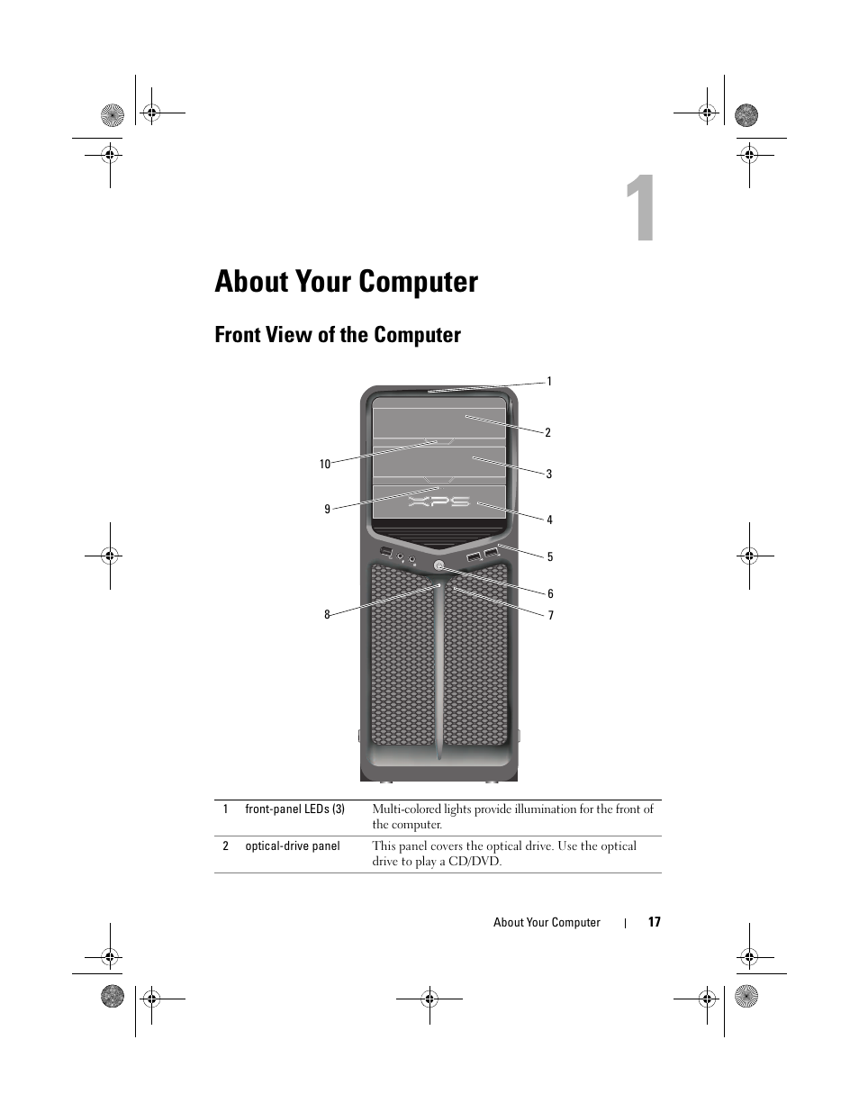 About your computer, Front view of the computer | Dell XPS 630i (Early 2008) User Manual | Page 17 / 168