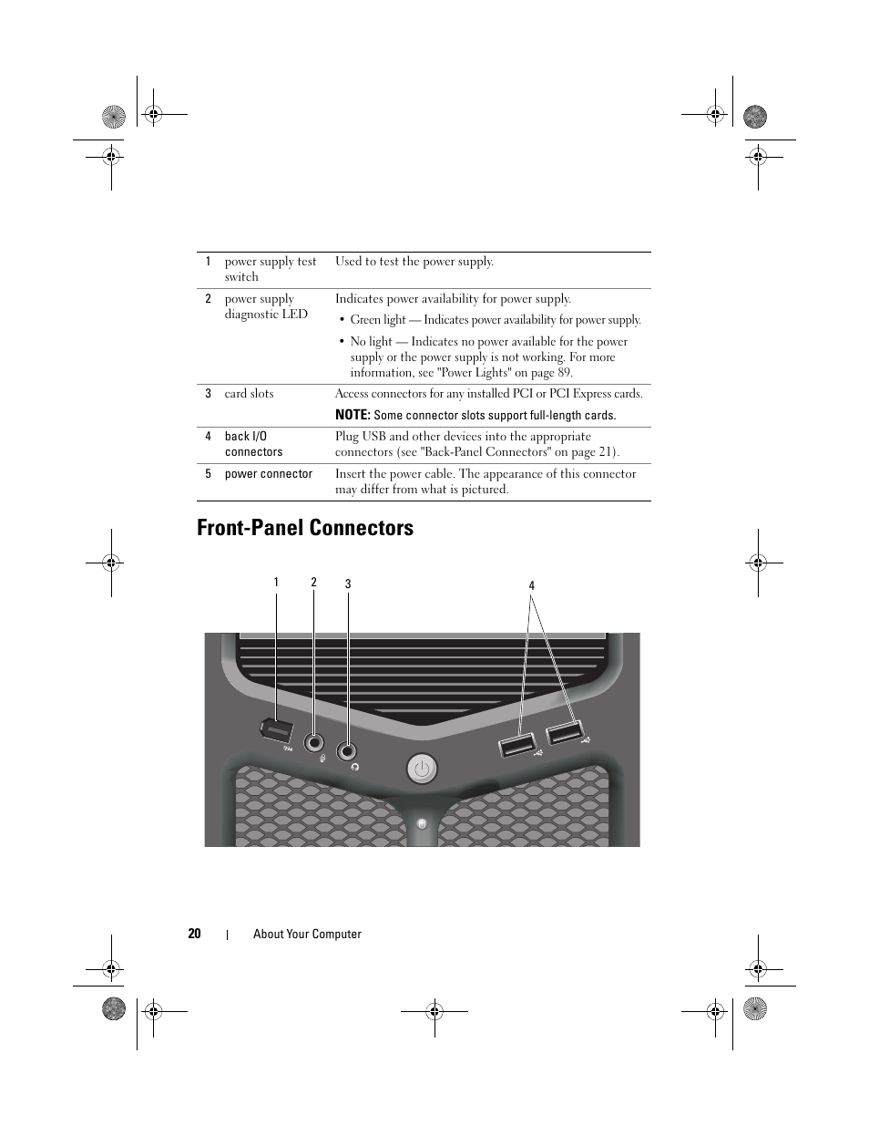 Front-panel connectors | Dell XPS 630i (Early 2008) User Manual | Page 20 / 168