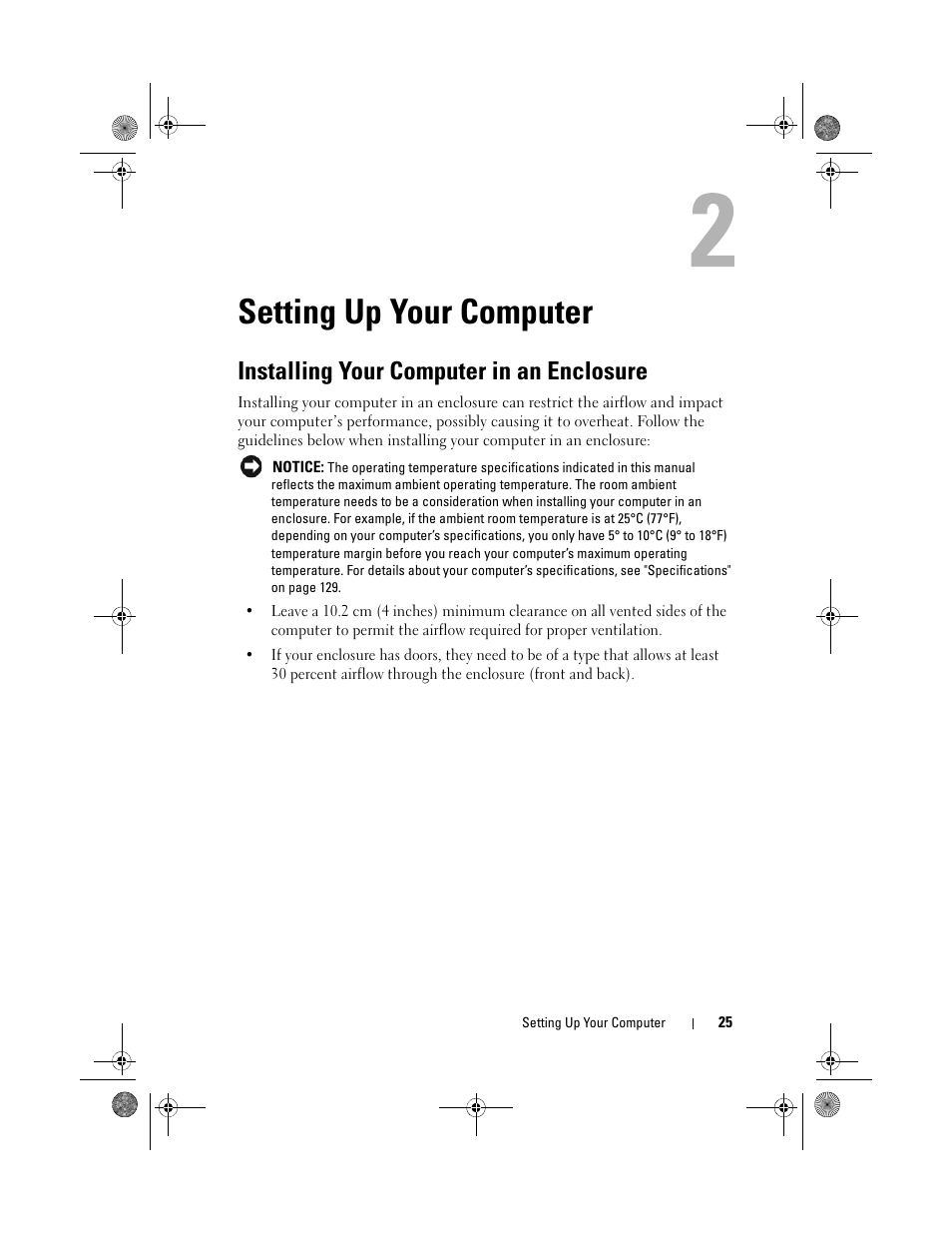 Setting up your computer, Installing your computer in an enclosure | Dell XPS 630i (Early 2008) User Manual | Page 25 / 168