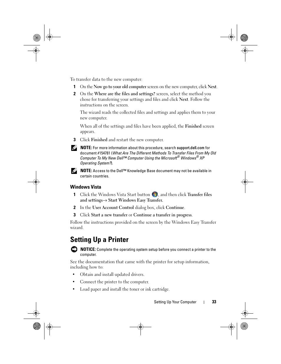 Windows vista, Setting up a printer | Dell XPS 630i (Early 2008) User Manual | Page 33 / 168