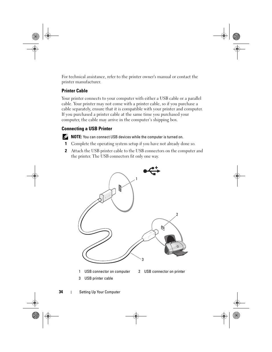 Printer cable, Connecting a usb printer | Dell XPS 630i (Early 2008) User Manual | Page 34 / 168