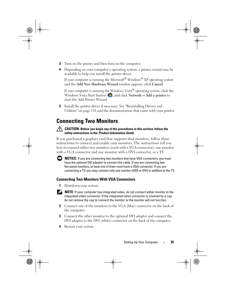 Connecting two monitors, Connecting two monitors with vga connectors | Dell XPS 630i (Early 2008) User Manual | Page 35 / 168