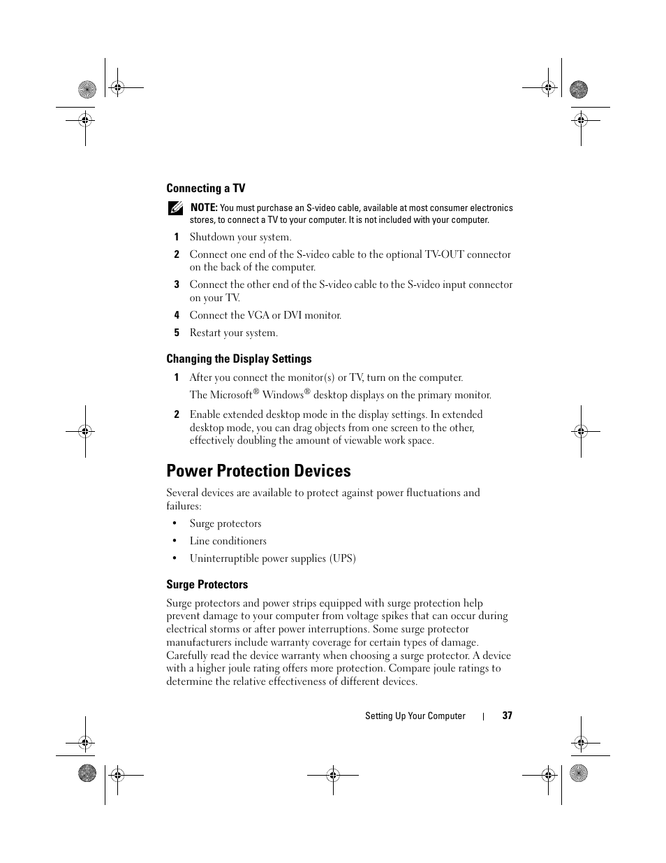 Connecting a tv, Changing the display settings, Power protection devices | Surge protectors | Dell XPS 630i (Early 2008) User Manual | Page 37 / 168