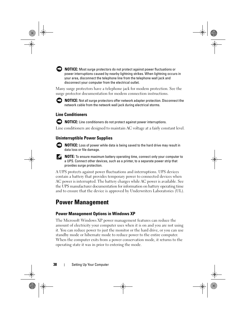 Line conditioners, Uninterruptible power supplies, Power management | Power management options in windows xp | Dell XPS 630i (Early 2008) User Manual | Page 38 / 168