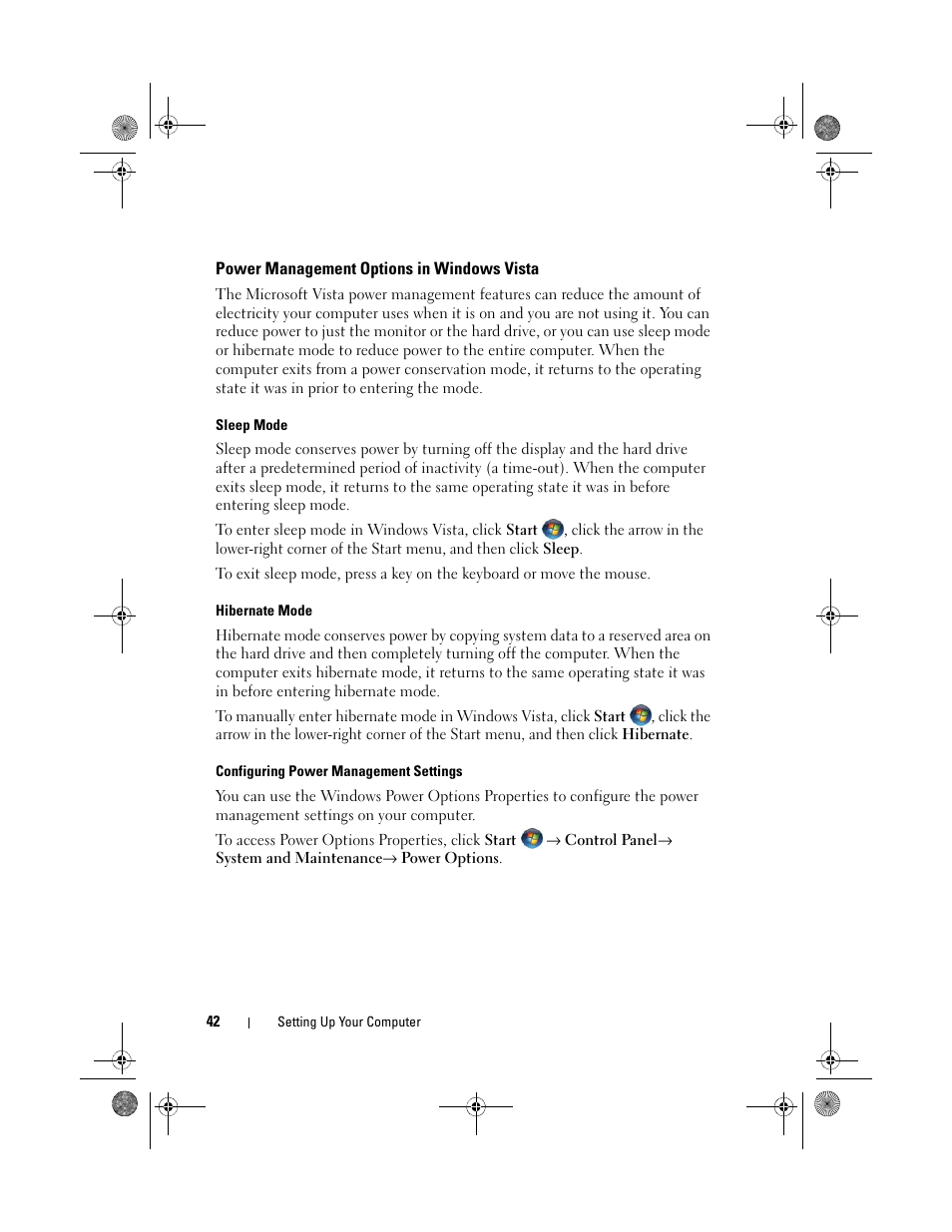 Power management options in windows vista | Dell XPS 630i (Early 2008) User Manual | Page 42 / 168