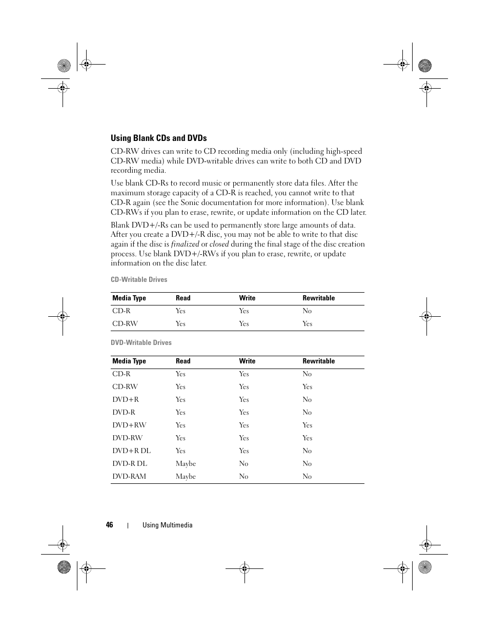 Using blank cds and dvds | Dell XPS 630i (Early 2008) User Manual | Page 46 / 168