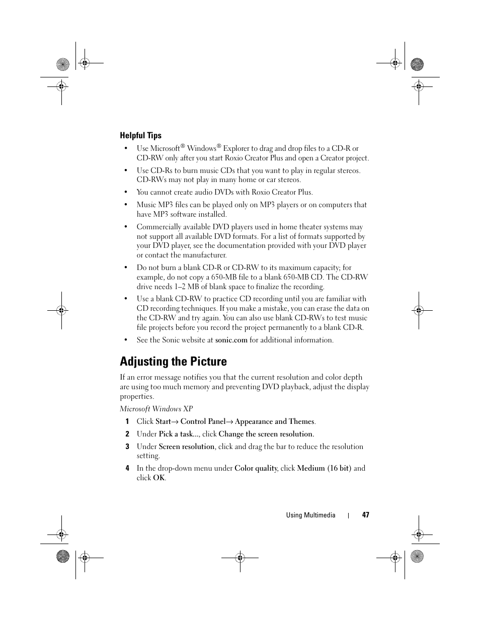 Helpful tips, Adjusting the picture | Dell XPS 630i (Early 2008) User Manual | Page 47 / 168