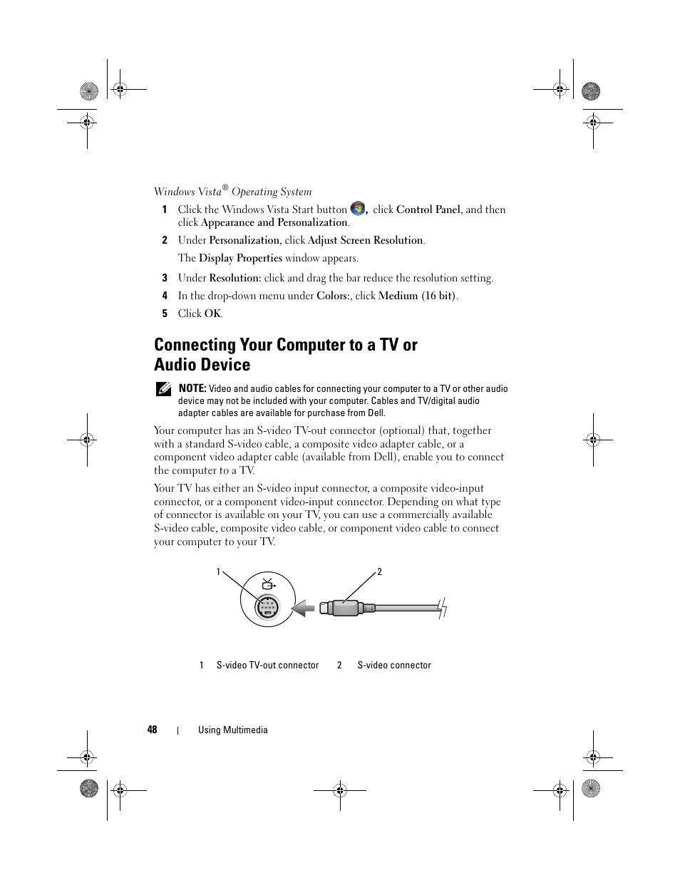 Connecting your computer to a tv or audio device | Dell XPS 630i (Early 2008) User Manual | Page 48 / 168