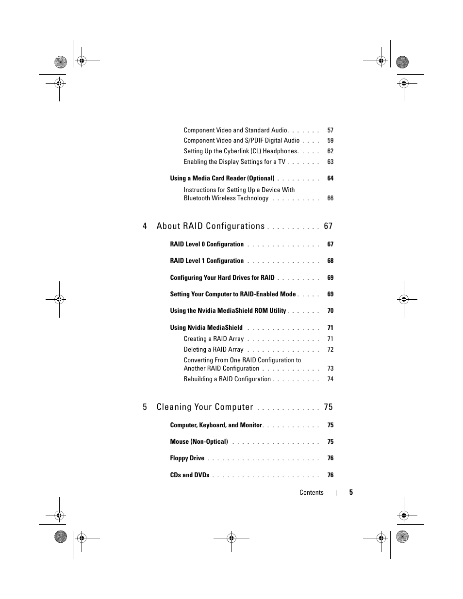 4about raid configurations, 5cleaning your computer | Dell XPS 630i (Early 2008) User Manual | Page 5 / 168