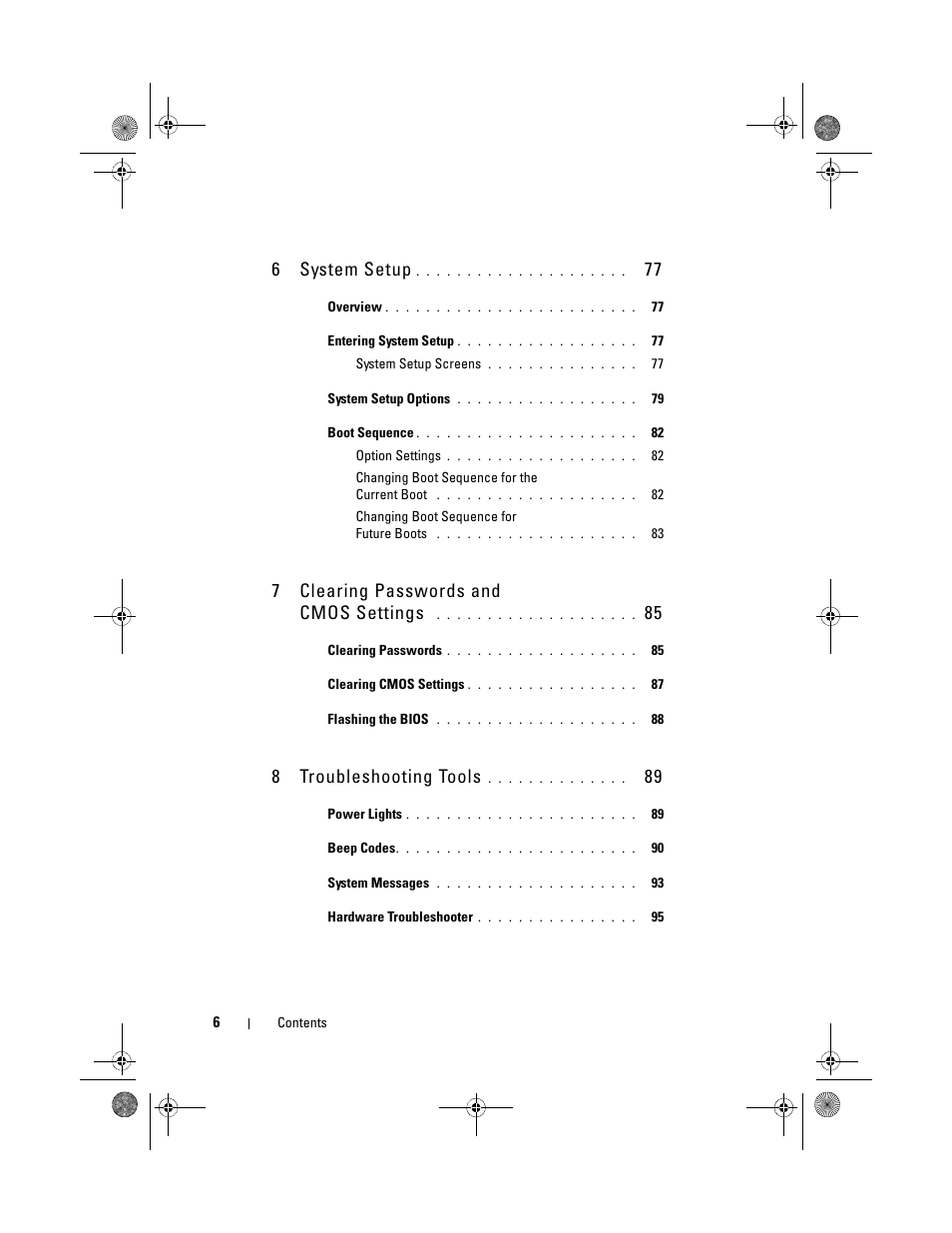 6system setup, 7clearing passwords and cmos settings, 8troubleshooting tools | Dell XPS 630i (Early 2008) User Manual | Page 6 / 168