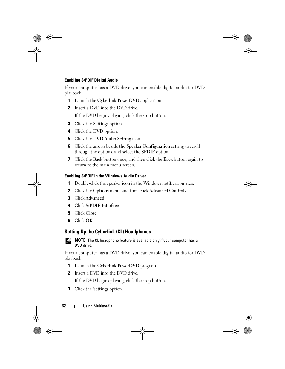 Setting up the cyberlink (cl) headphones | Dell XPS 630i (Early 2008) User Manual | Page 62 / 168