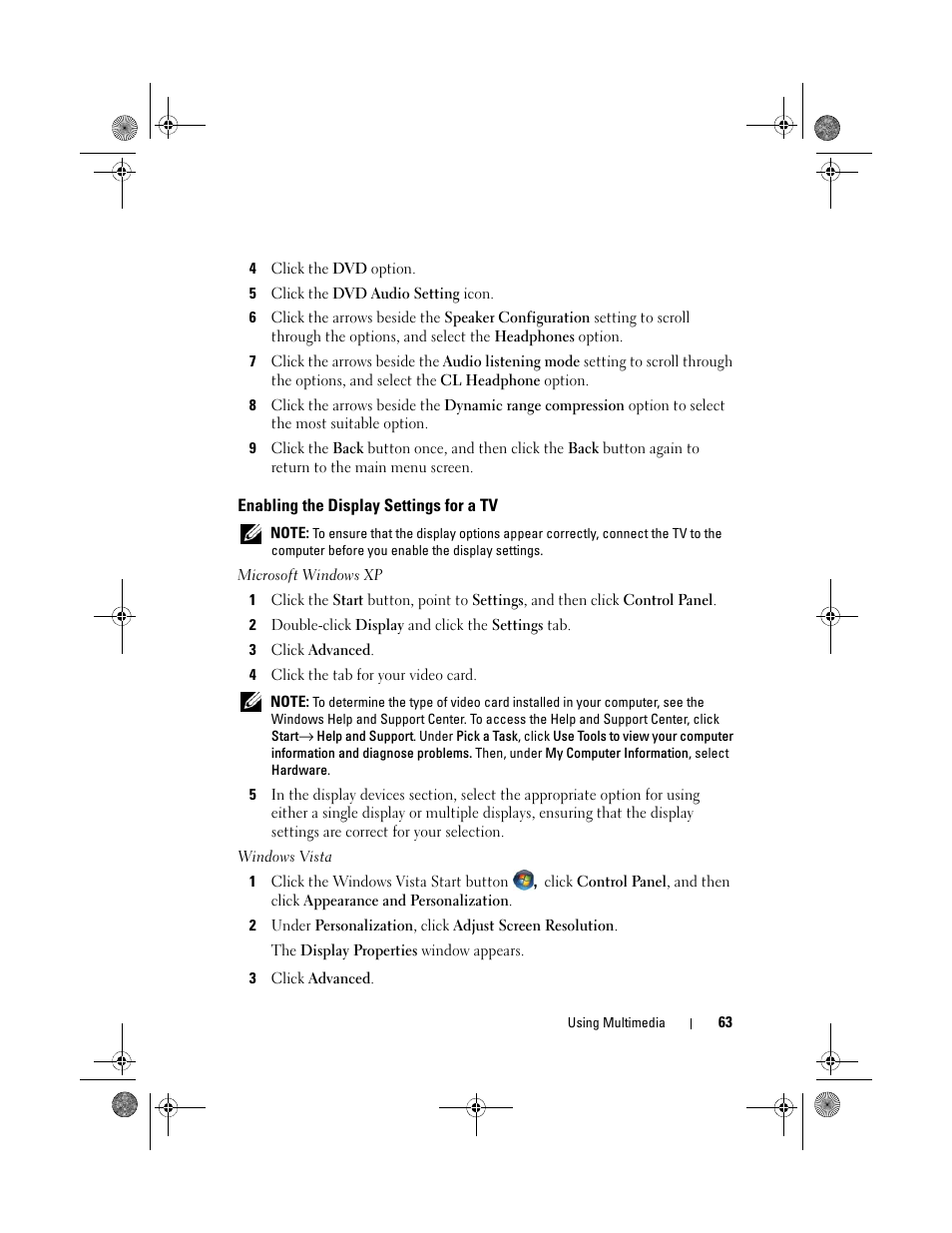 Enabling the display settings for a tv | Dell XPS 630i (Early 2008) User Manual | Page 63 / 168