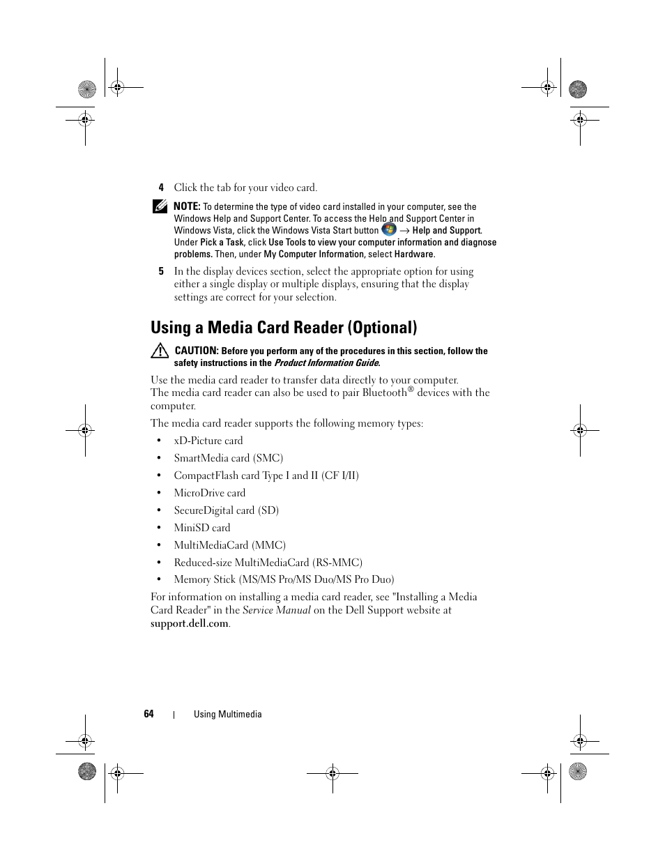 Using a media card reader (optional) | Dell XPS 630i (Early 2008) User Manual | Page 64 / 168