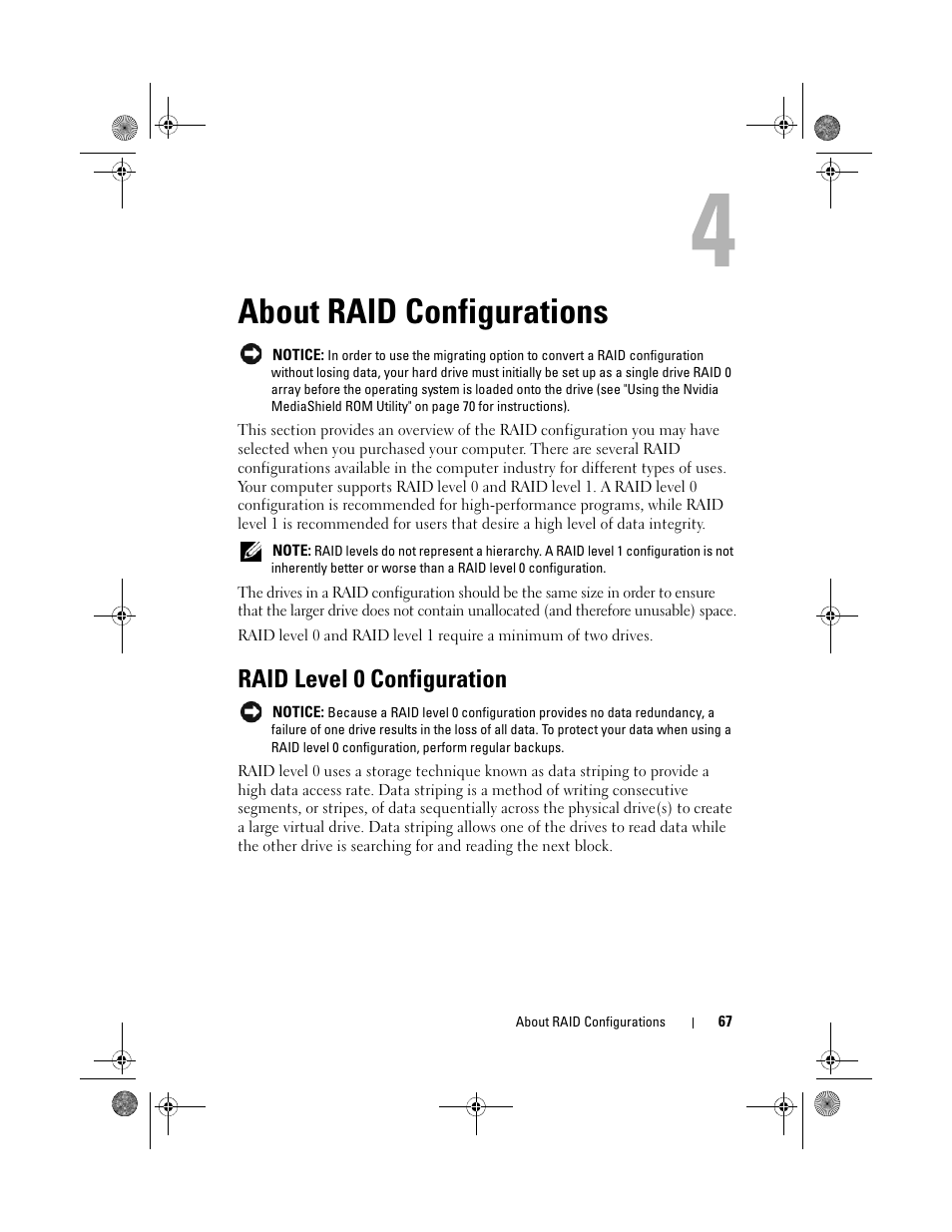 About raid configurations, Raid level 0 configuration | Dell XPS 630i (Early 2008) User Manual | Page 67 / 168