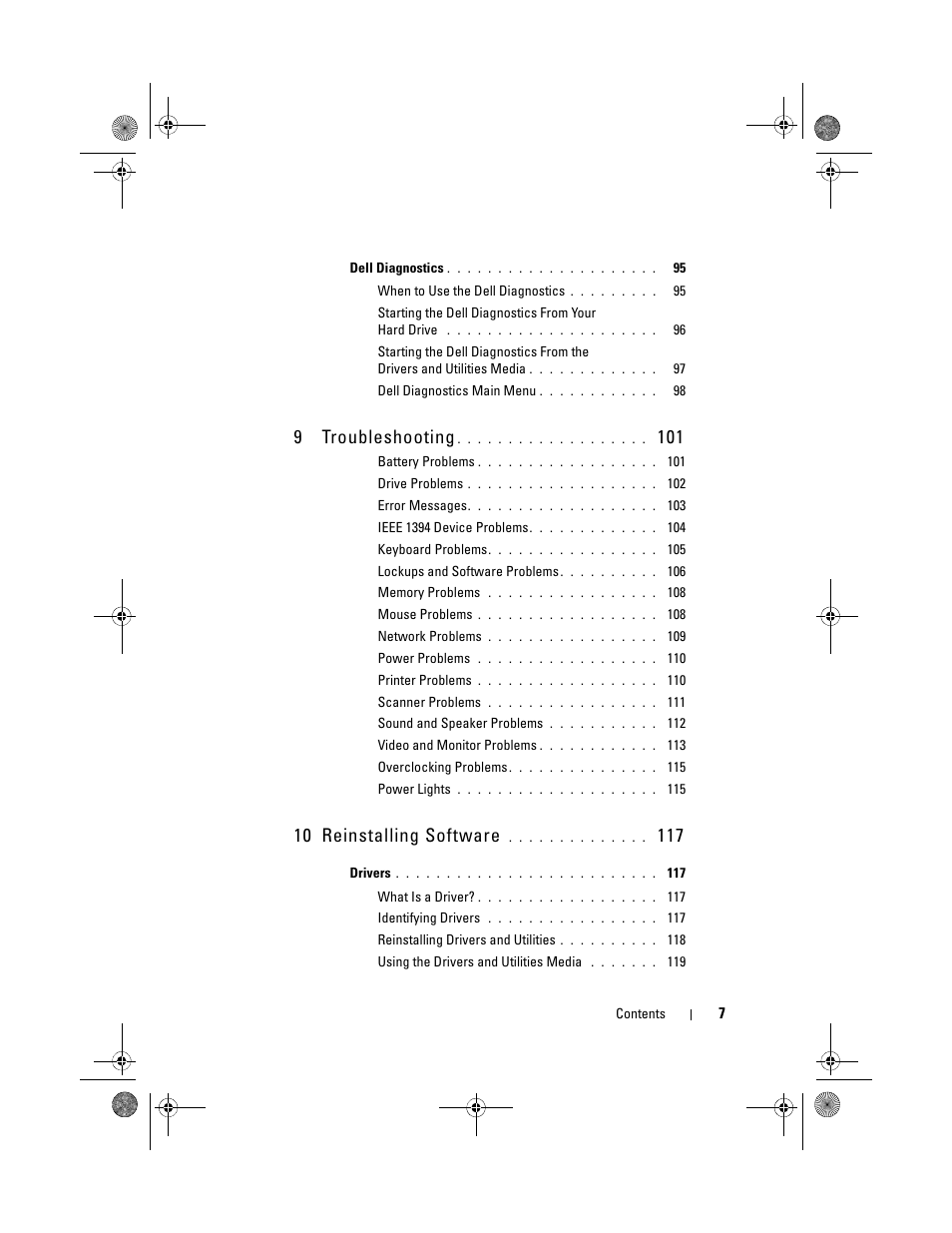 9troubleshooting, 10 reinstalling software | Dell XPS 630i (Early 2008) User Manual | Page 7 / 168