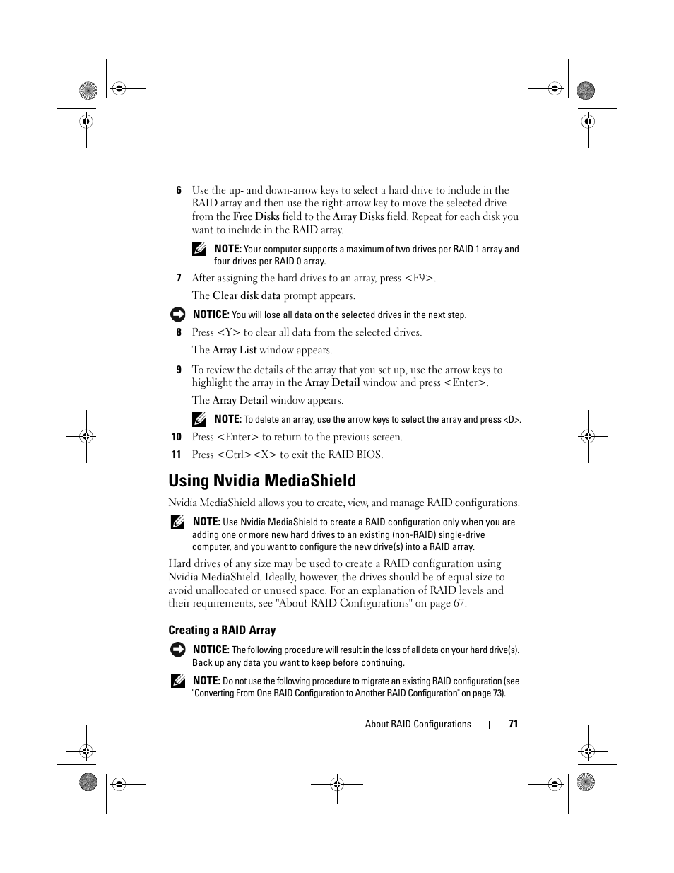 Using nvidia mediashield, Creating a raid array | Dell XPS 630i (Early 2008) User Manual | Page 71 / 168