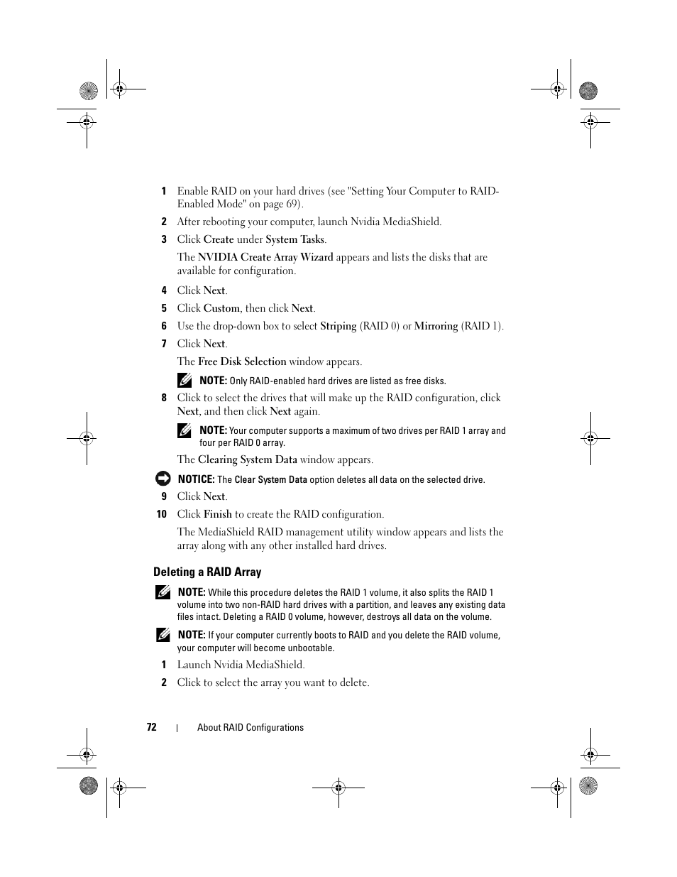 Deleting a raid array | Dell XPS 630i (Early 2008) User Manual | Page 72 / 168