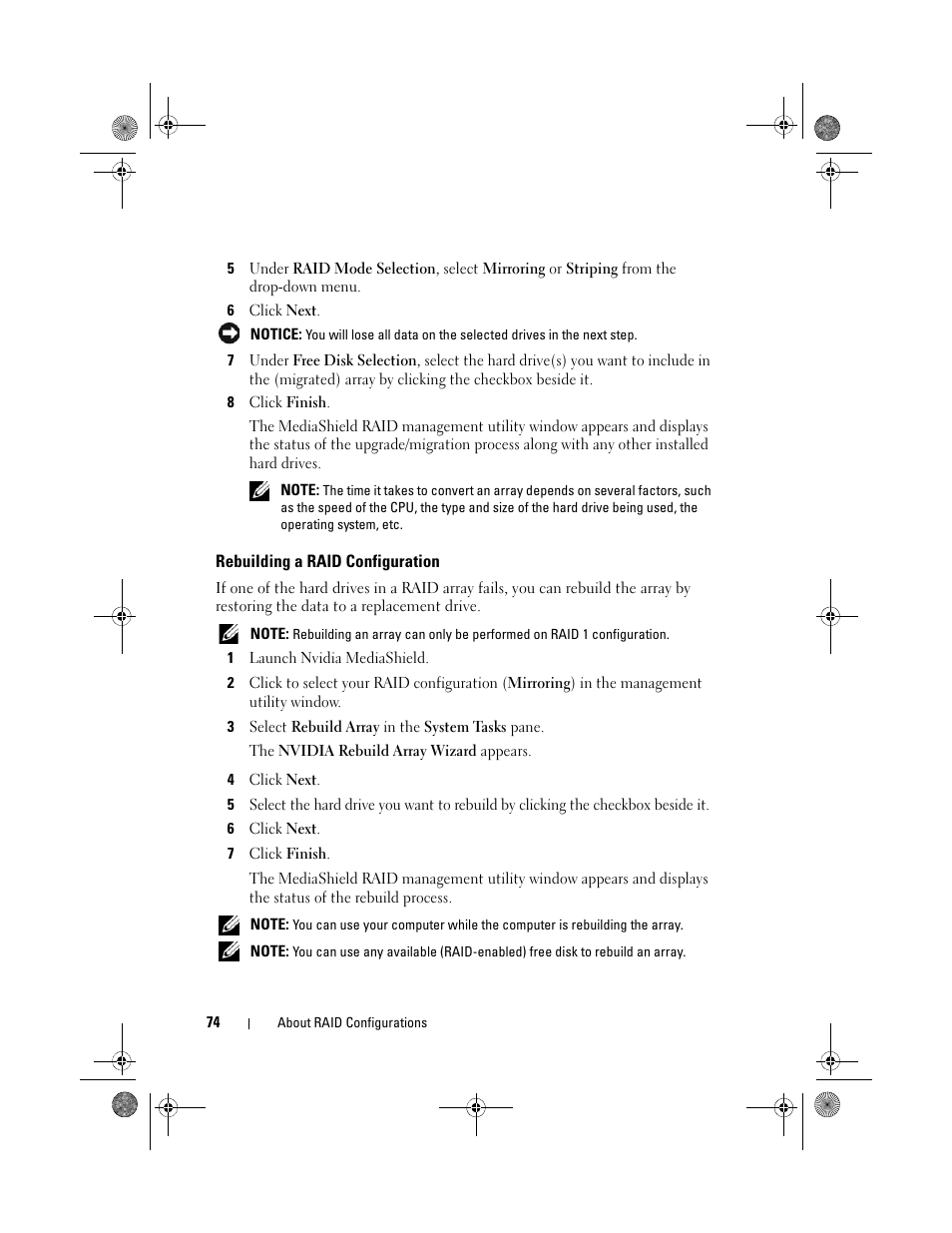 Rebuilding a raid configuration | Dell XPS 630i (Early 2008) User Manual | Page 74 / 168