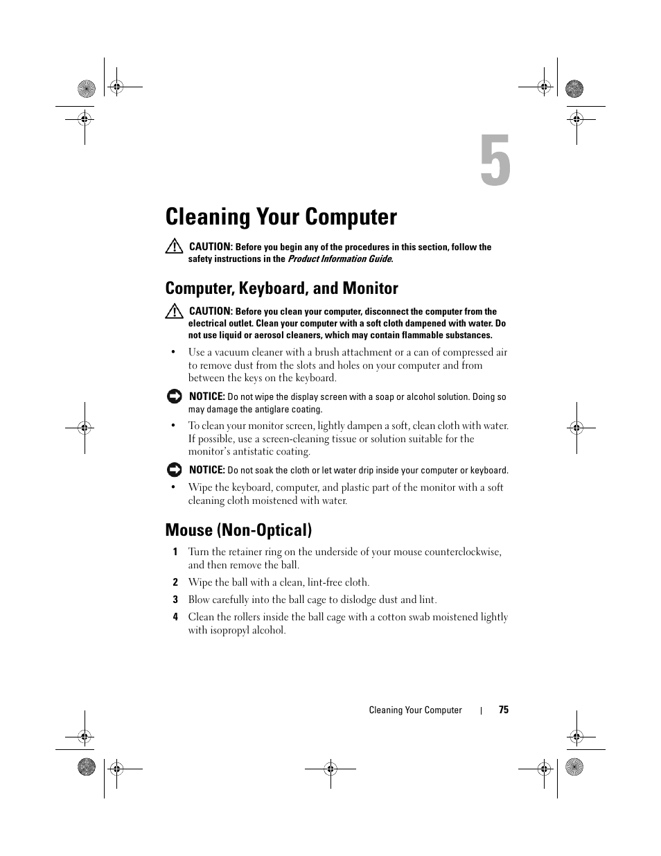 Cleaning your computer, Computer, keyboard, and monitor, Mouse (non-optical) | Dell XPS 630i (Early 2008) User Manual | Page 75 / 168