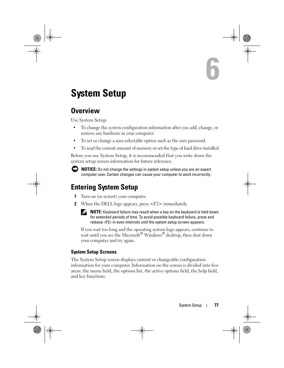 System setup, Overview, Entering system setup | System setup screens | Dell XPS 630i (Early 2008) User Manual | Page 77 / 168