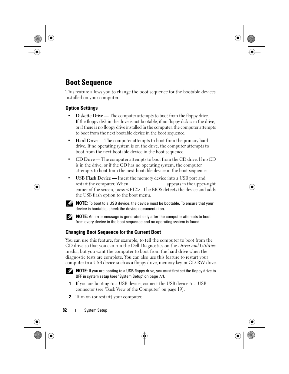 Boot sequence, Option settings, Changing boot sequence for the current boot | Dell XPS 630i (Early 2008) User Manual | Page 82 / 168