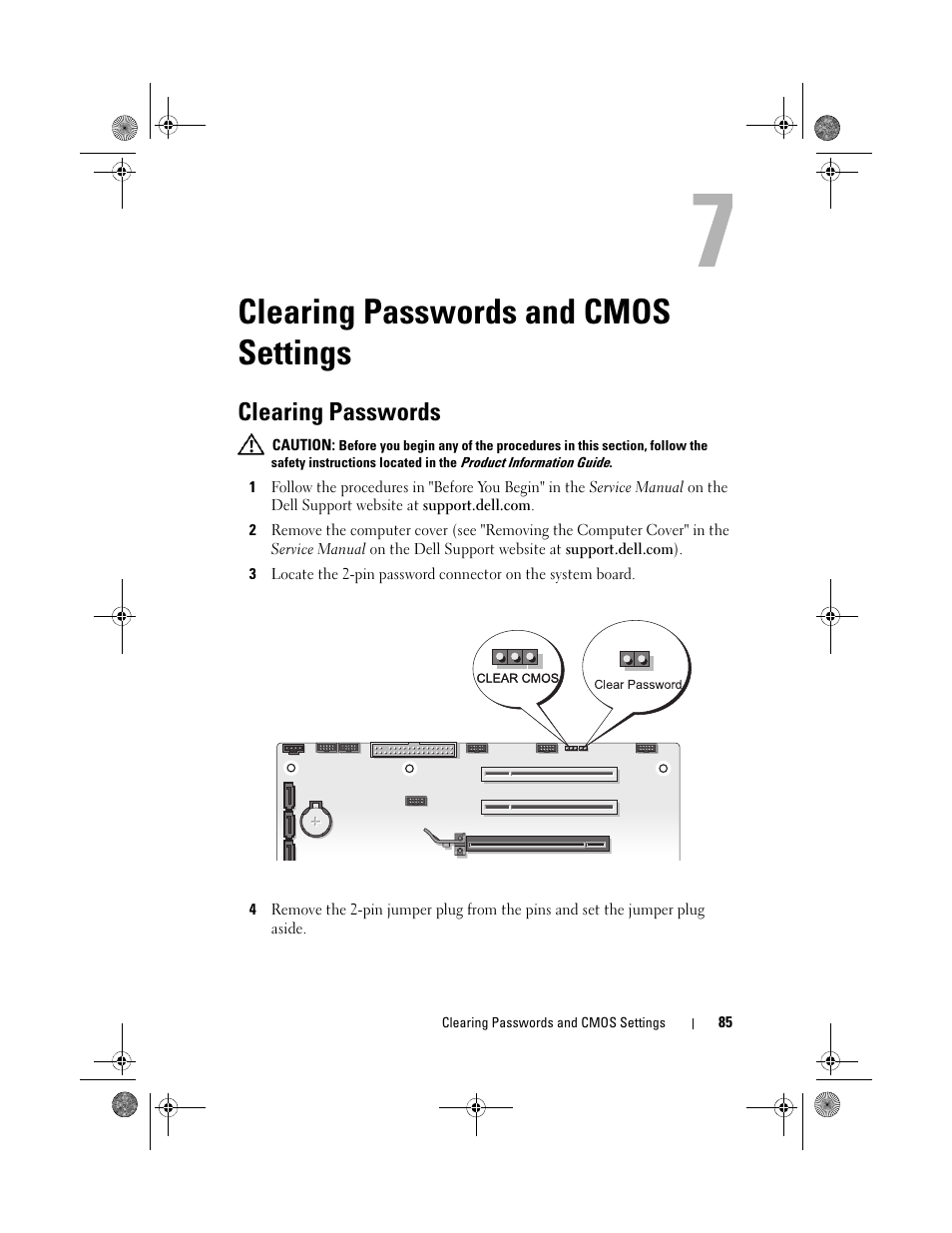 Clearing passwords and cmos settings, Clearing passwords | Dell XPS 630i (Early 2008) User Manual | Page 85 / 168