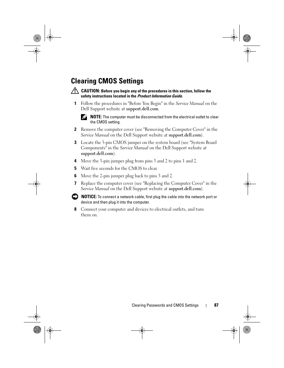 Clearing cmos settings | Dell XPS 630i (Early 2008) User Manual | Page 87 / 168