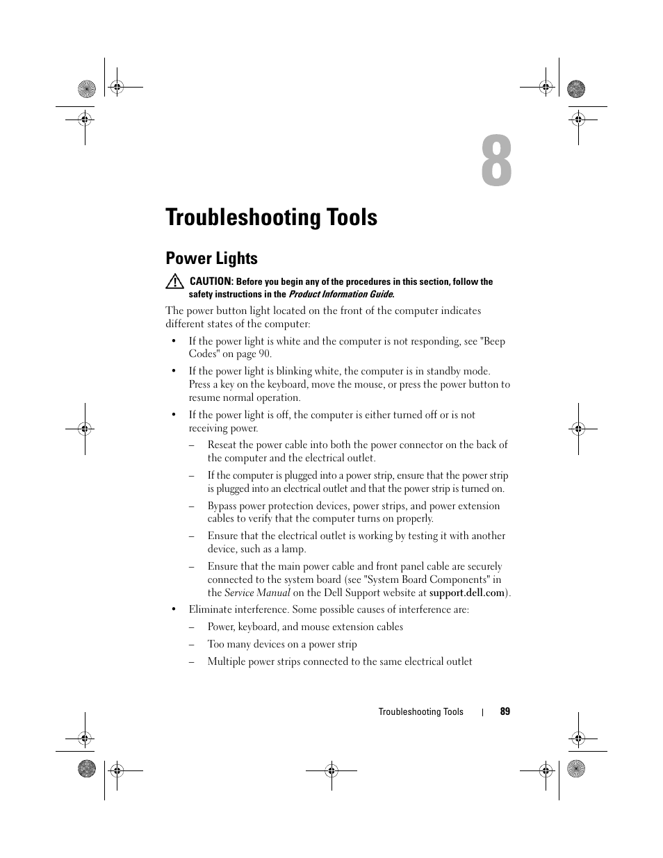 Troubleshooting tools, Power lights | Dell XPS 630i (Early 2008) User Manual | Page 89 / 168