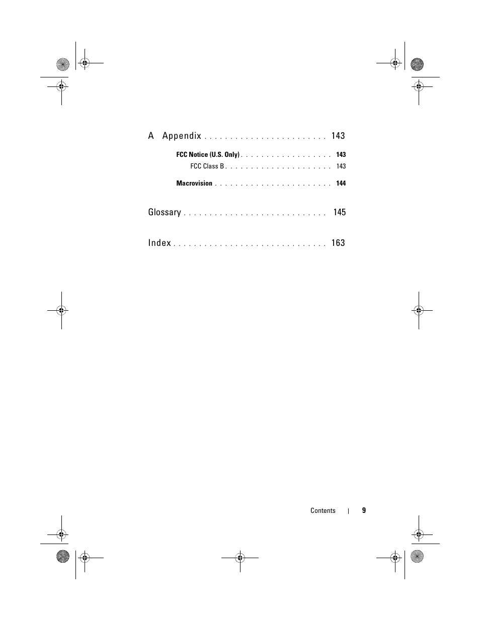 A appendix, Glossary, 145 index | Dell XPS 630i (Early 2008) User Manual | Page 9 / 168