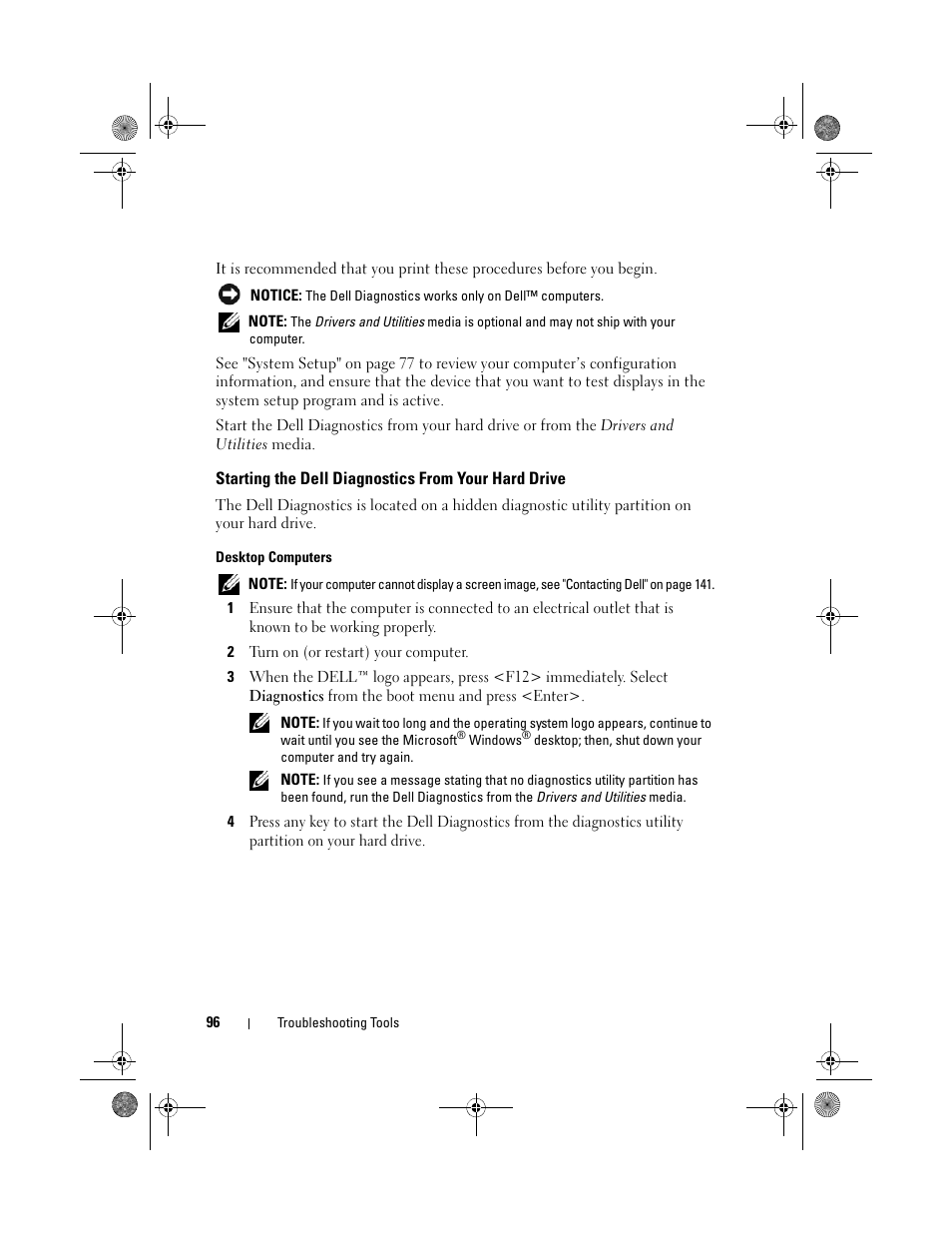 Starting the dell diagnostics from your hard drive | Dell XPS 630i (Early 2008) User Manual | Page 96 / 168