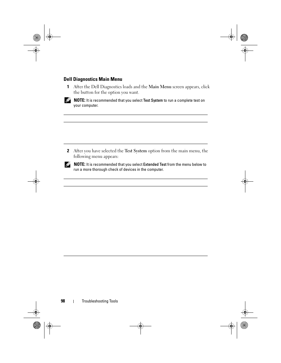 Dell diagnostics main menu | Dell XPS 630i (Early 2008) User Manual | Page 98 / 168