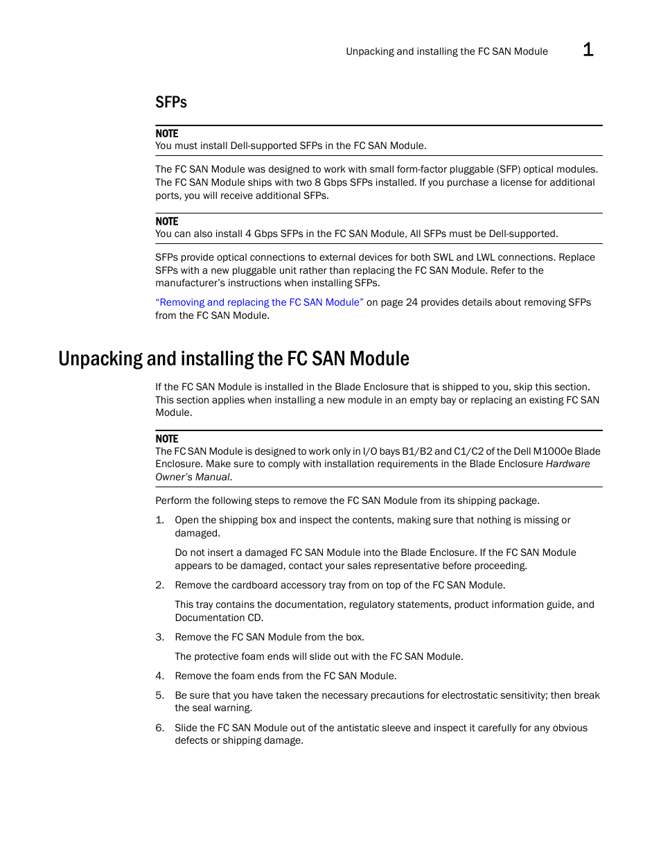 Sfps, Unpacking and installing the fc san module | Dell POWEREDGE M1000E User Manual | Page 13 / 42