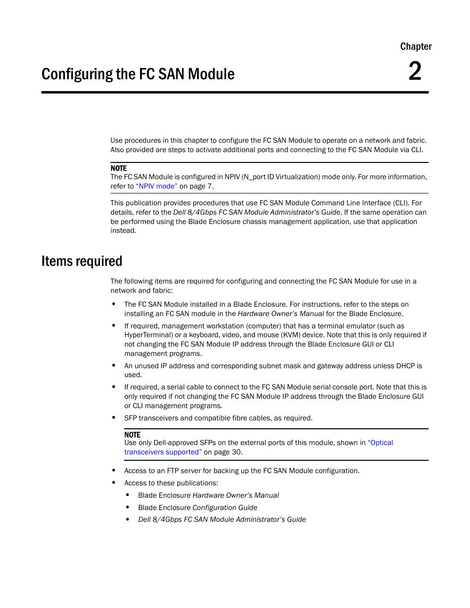 Items required, Chapter 2, Configuring the fc san module | Chapter 2, “configuring the fc san module | Dell POWEREDGE M1000E User Manual | Page 15 / 42