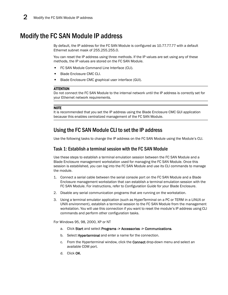 Modify the fc san module ip address, Using the fc san module cli to set the ip address | Dell POWEREDGE M1000E User Manual | Page 16 / 42