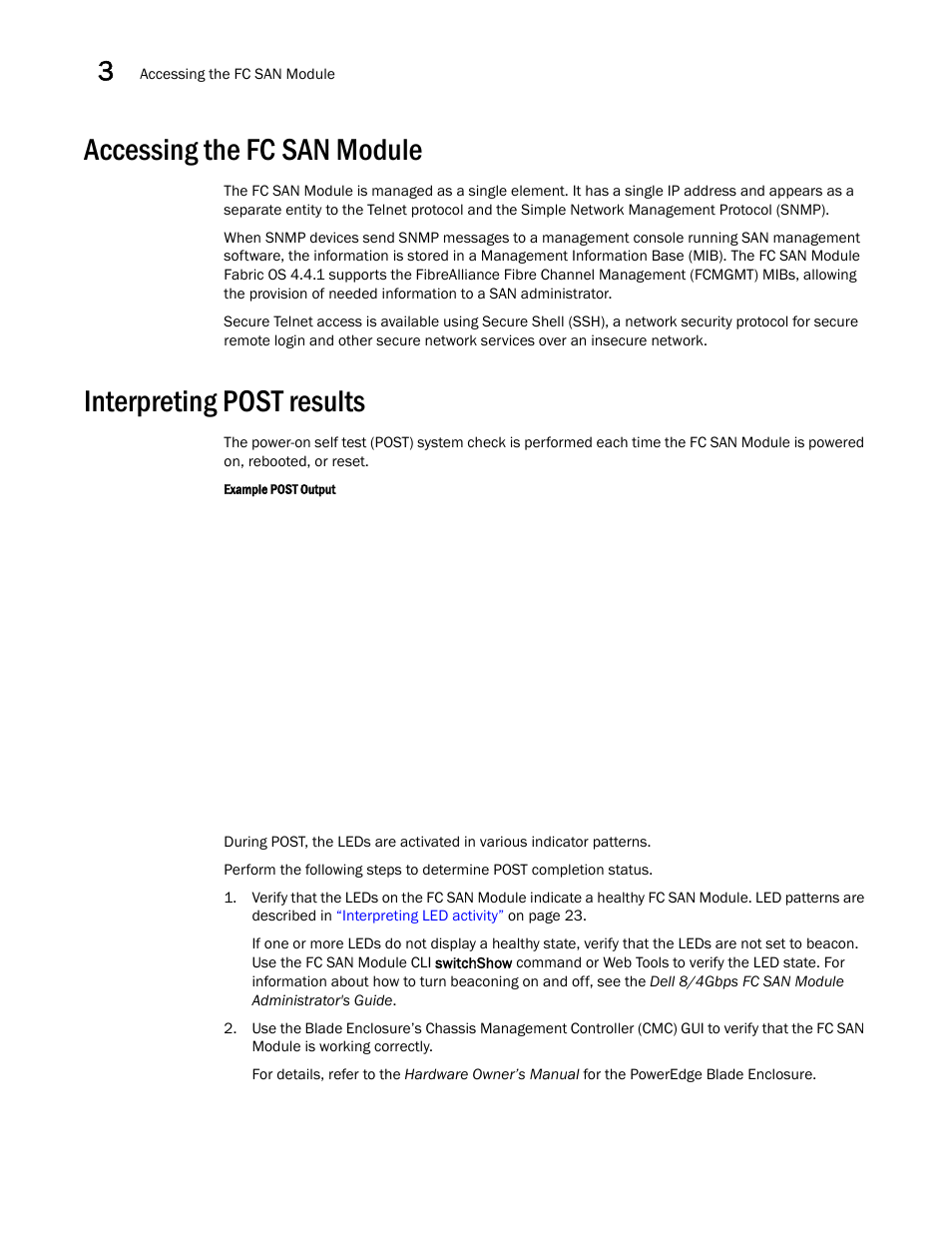 Accessing the fc san module, Interpreting post results | Dell POWEREDGE M1000E User Manual | Page 24 / 42