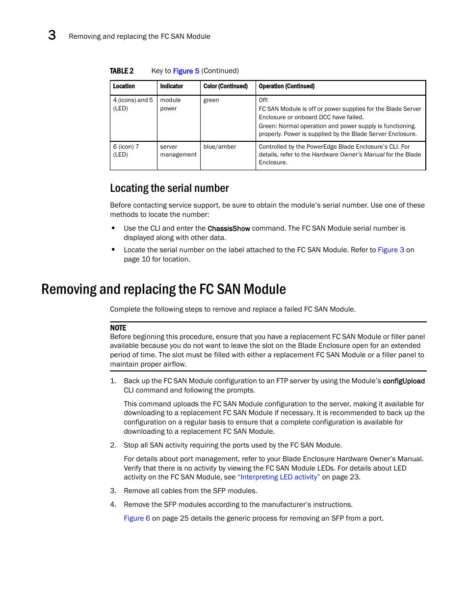 Locating the serial number, Removing and replacing the fc san module | Dell POWEREDGE M1000E User Manual | Page 26 / 42