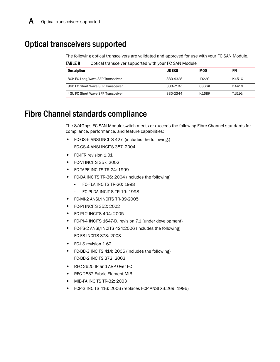 Optical transceivers supported, Fibre channel standards compliance, N in | Optical, Transceivers supported | Dell POWEREDGE M1000E User Manual | Page 32 / 42