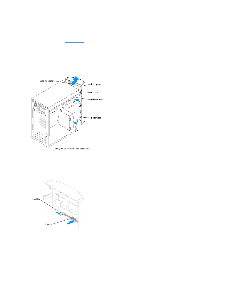 Removing the front panel, Removing the front-panel insert, Reattaching the front panel | Dell Dimension 4700 User Manual | Page 18 / 50