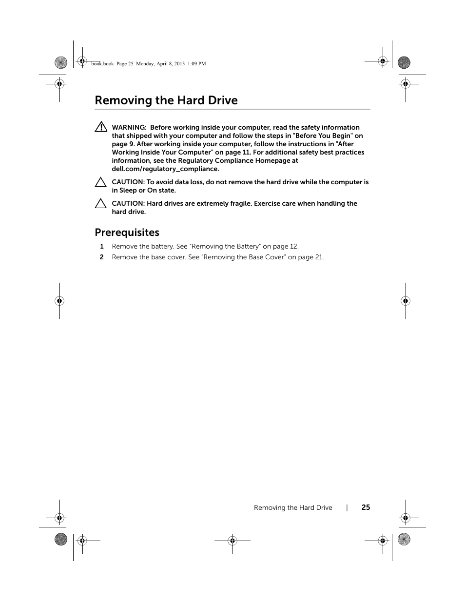 Removing the hard drive, Prerequisites | Dell Inspiron 14 (3437, Mid 2013) User Manual | Page 25 / 73