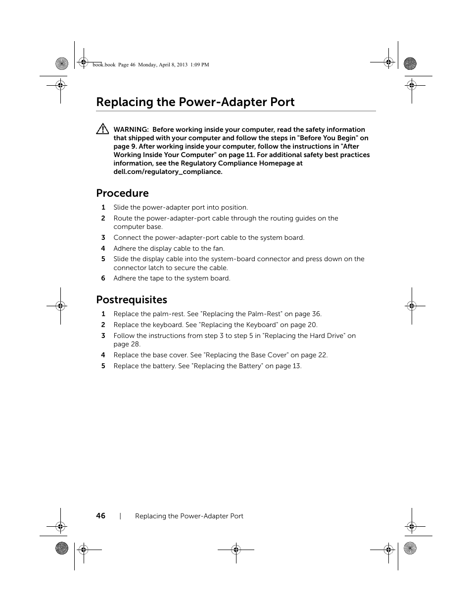 Replacing the power-adapter port, Procedure, Postrequisites | Dell Inspiron 14 (3437, Mid 2013) User Manual | Page 46 / 73