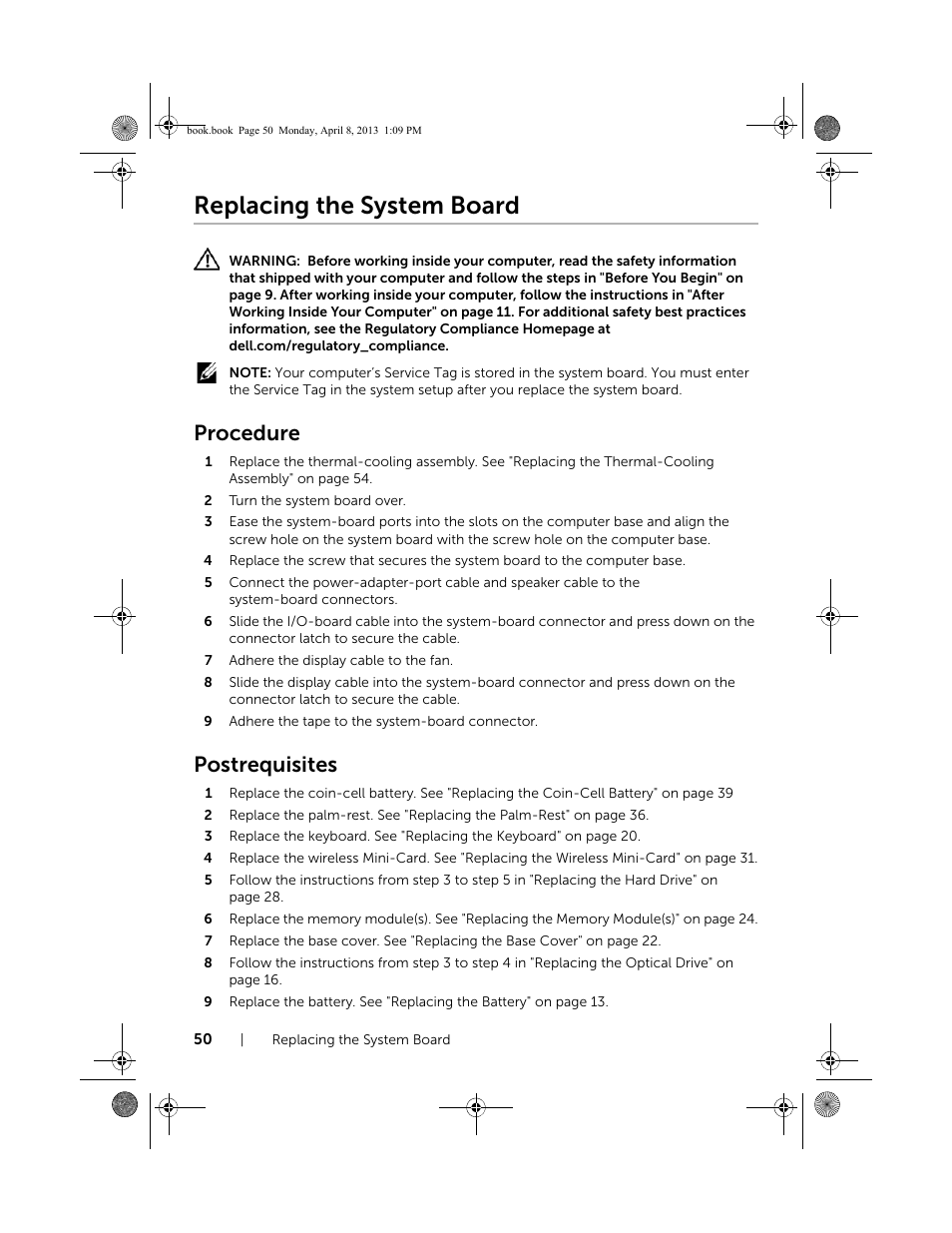 Replacing the system board, Procedure, Postrequisites | Dell Inspiron 14 (3437, Mid 2013) User Manual | Page 50 / 73