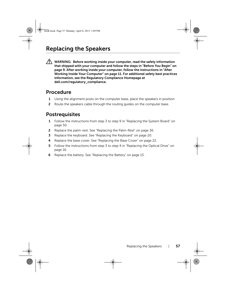 Replacing the speakers, Procedure, Postrequisites | Dell Inspiron 14 (3437, Mid 2013) User Manual | Page 57 / 73