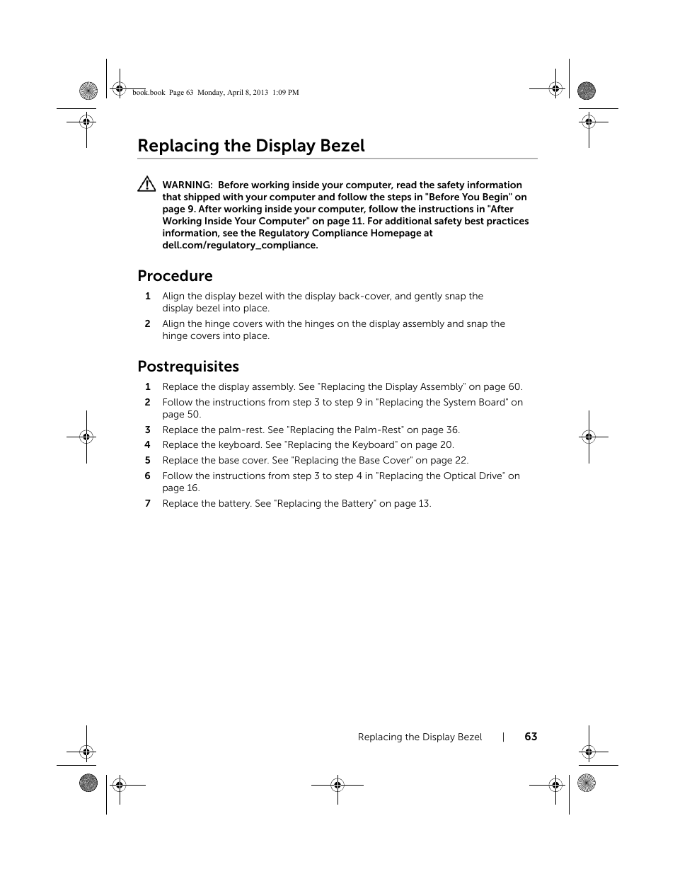 Replacing the display bezel, Procedure, Postrequisites | Dell Inspiron 14 (3437, Mid 2013) User Manual | Page 63 / 73