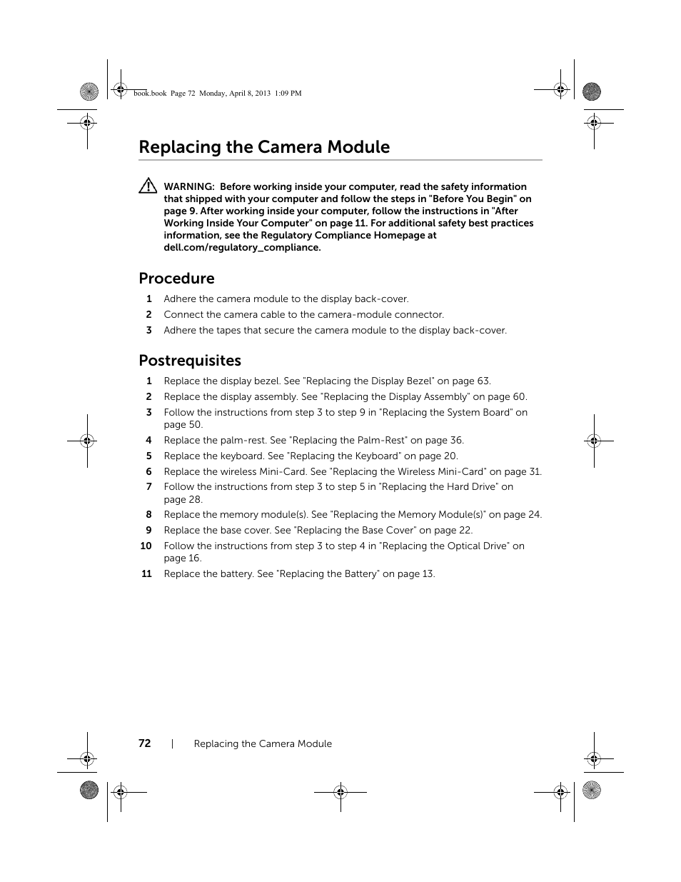 Replacing the camera module, Procedure, Postrequisites | Dell Inspiron 14 (3437, Mid 2013) User Manual | Page 72 / 73