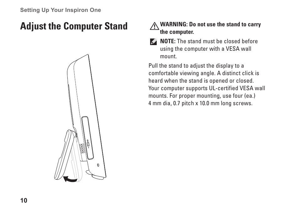 Adjust the computer stand | Dell Inspiron One 19 (Mid 2009) User Manual | Page 12 / 76