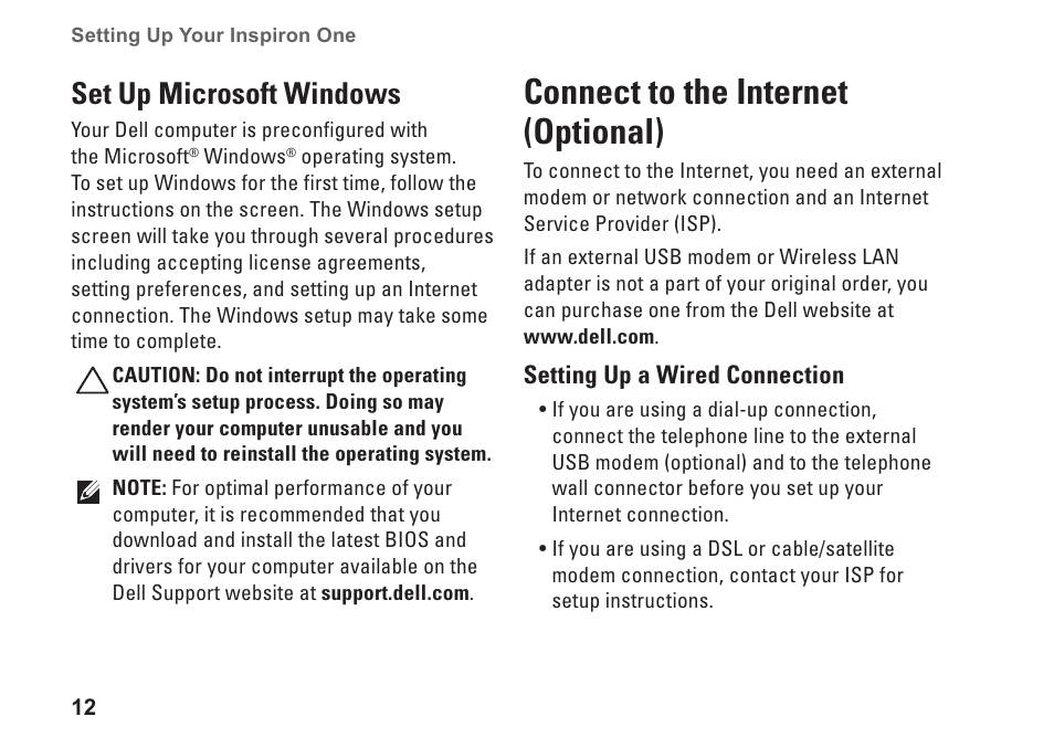 Set up microsoft windows, Connect to the internet (optional) | Dell Inspiron One 19 (Mid 2009) User Manual | Page 14 / 76