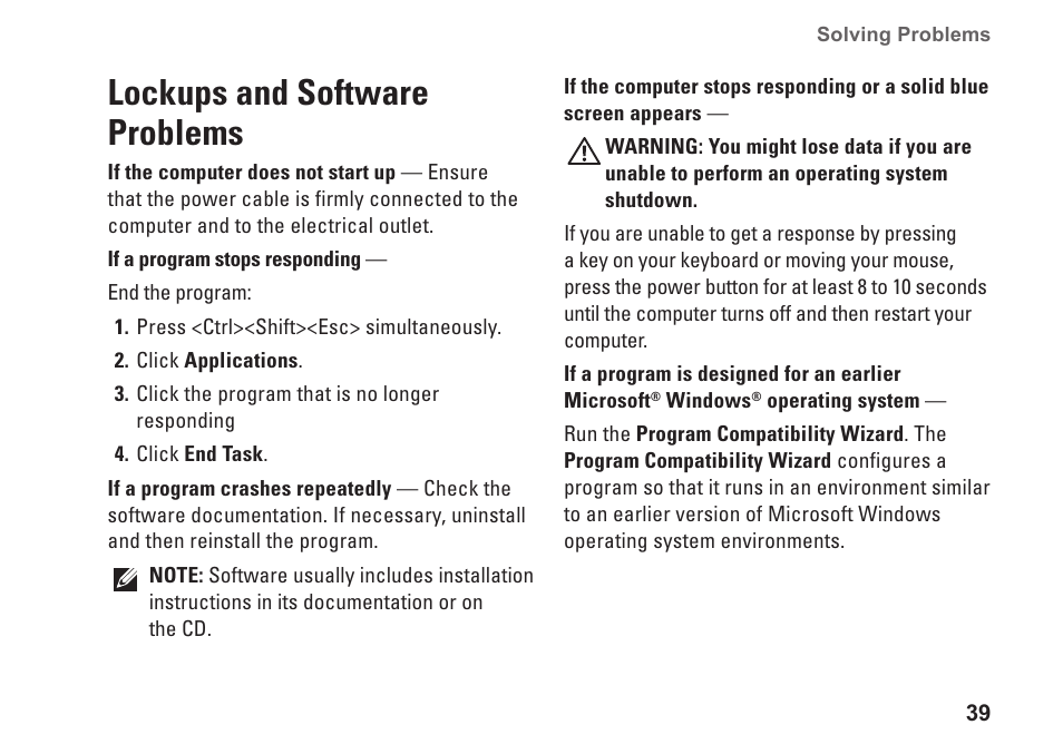 Lockups and software problems | Dell Inspiron One 19 (Mid 2009) User Manual | Page 41 / 76