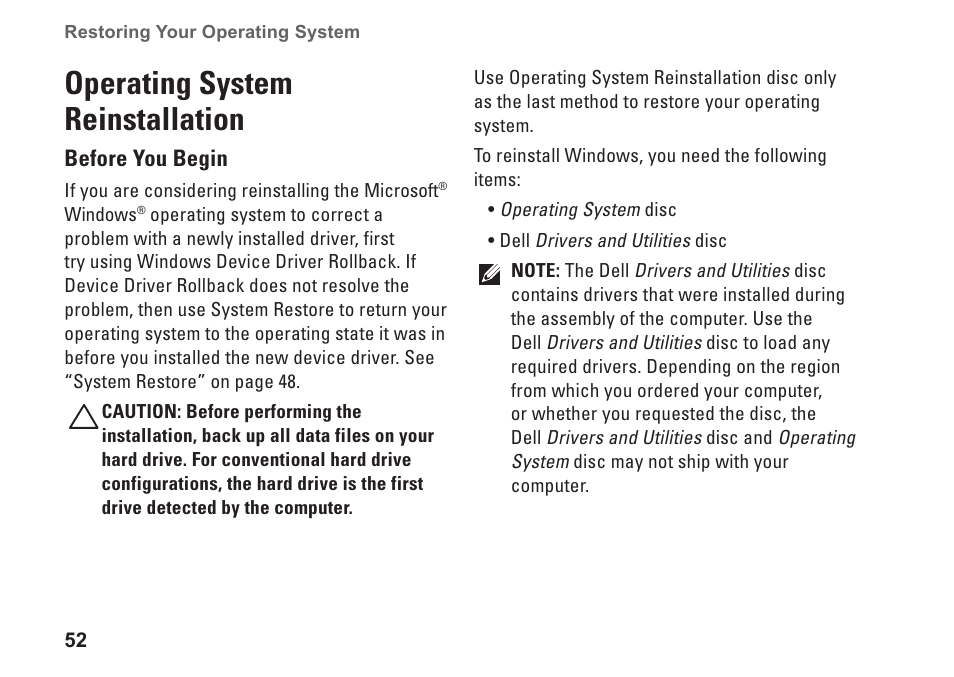 Operating system reinstallation | Dell Inspiron One 19 (Mid 2009) User Manual | Page 54 / 76